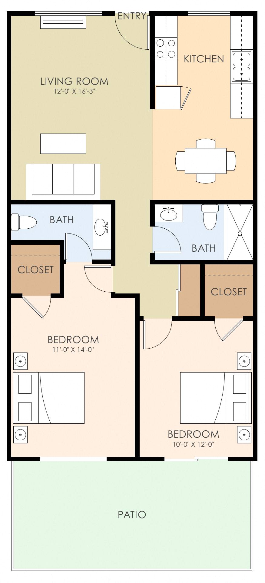 Floor plan for 2 beds, 1.5 baths, 950 sqft